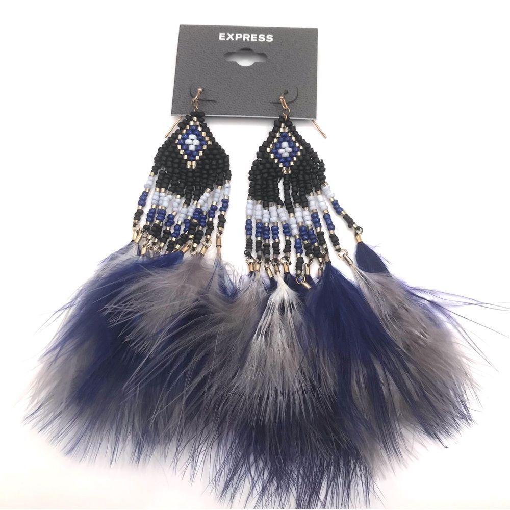 Express Long Blue and Black Feather Earrings